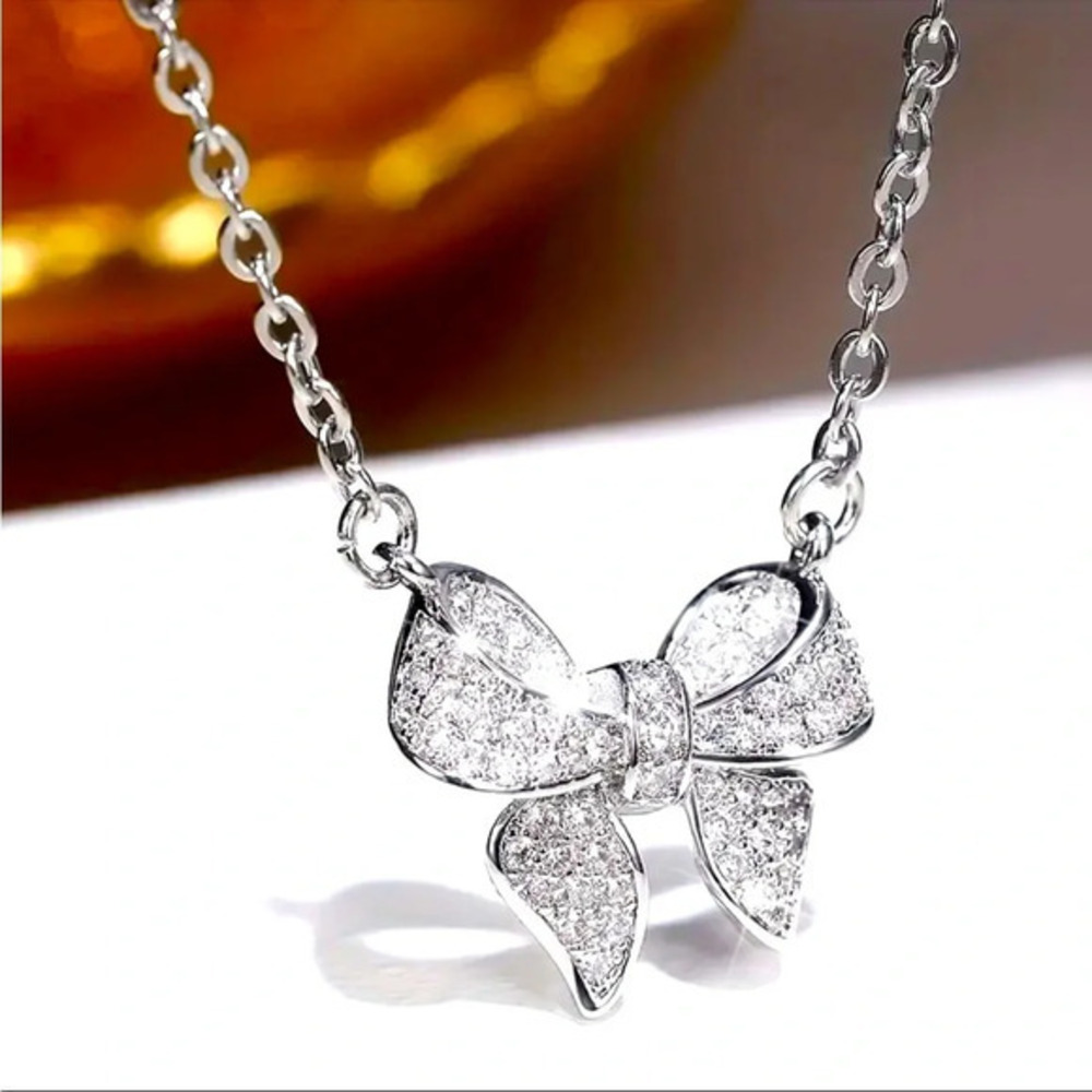 Dainty Cubic Zirconia Bow Necklace Silver Tone Pavé Crystal Pendant NWT